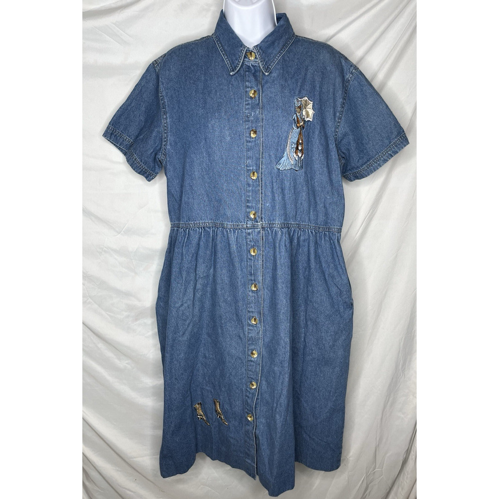 HAIK's Art-to-Wear Modest Blue Denim Dress Large Victorian Lady Embroidery 90s